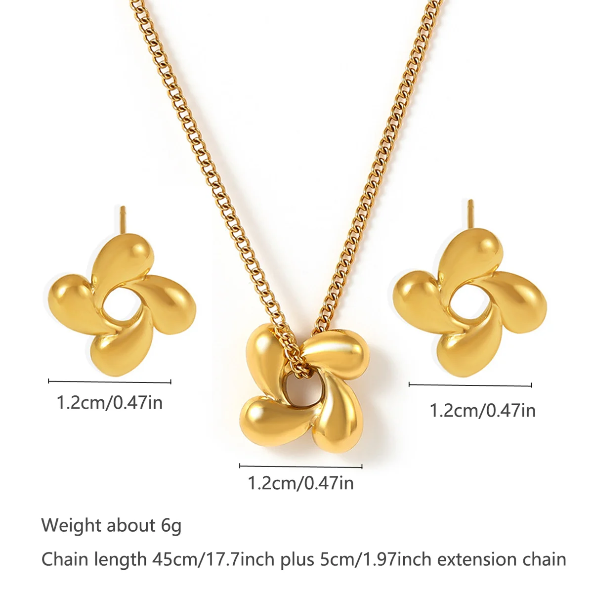 Stainless Steel Gold Tone Jewelry Set For Women Curb Chain 3D Hollow Four Petal Flower… — image 4