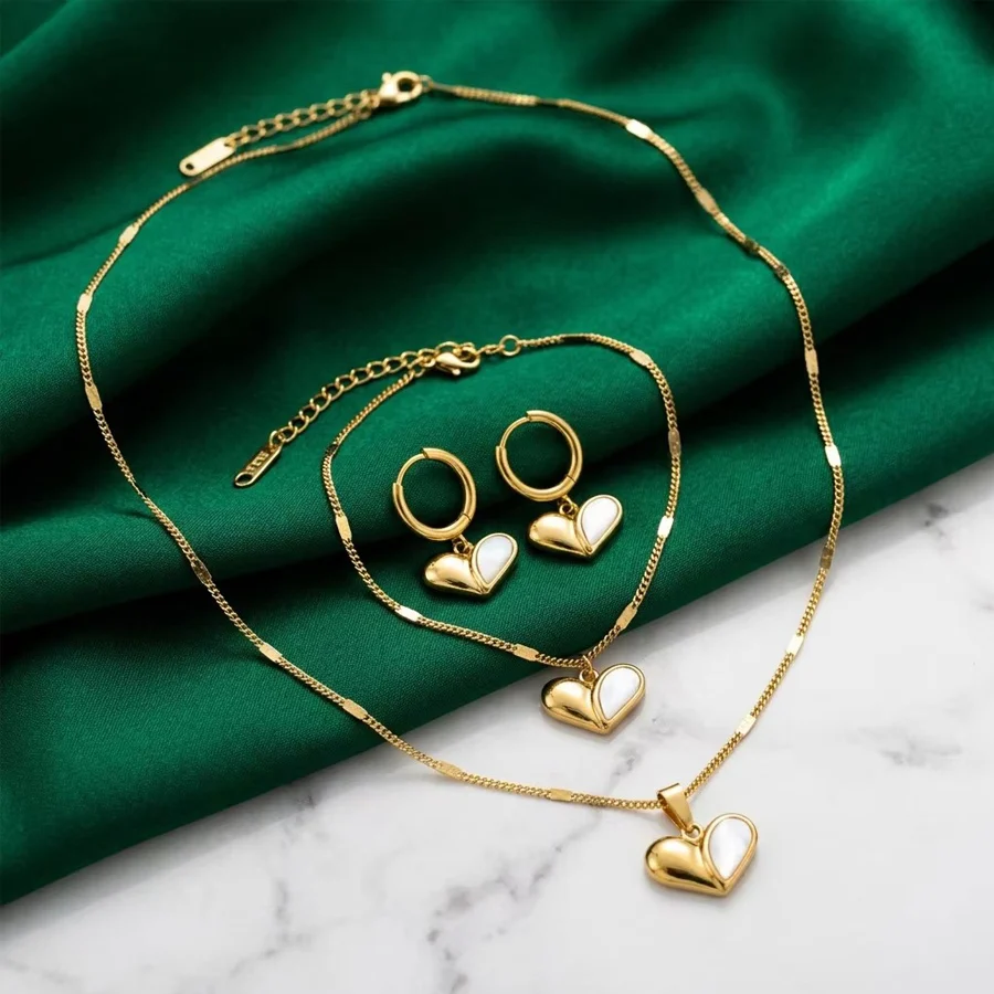 Stainless Steel Gold Tone Love Heart Mother Of Pearl 3pcs Jewelry Set For Women Box… — image 6