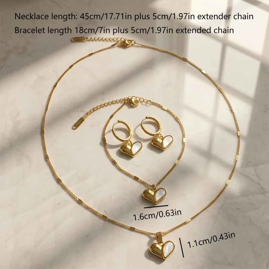 Stainless Steel Gold Tone Love Heart Mother Of Pearl 3pcs Jewelry Set For Women Box… — image 5