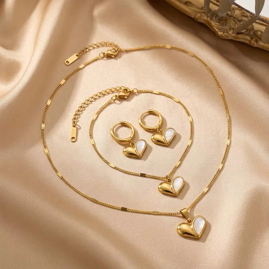 Stainless Steel Gold Tone Love Heart Mother Of Pearl 3pcs Jewelry Set For Women Box… — image 3