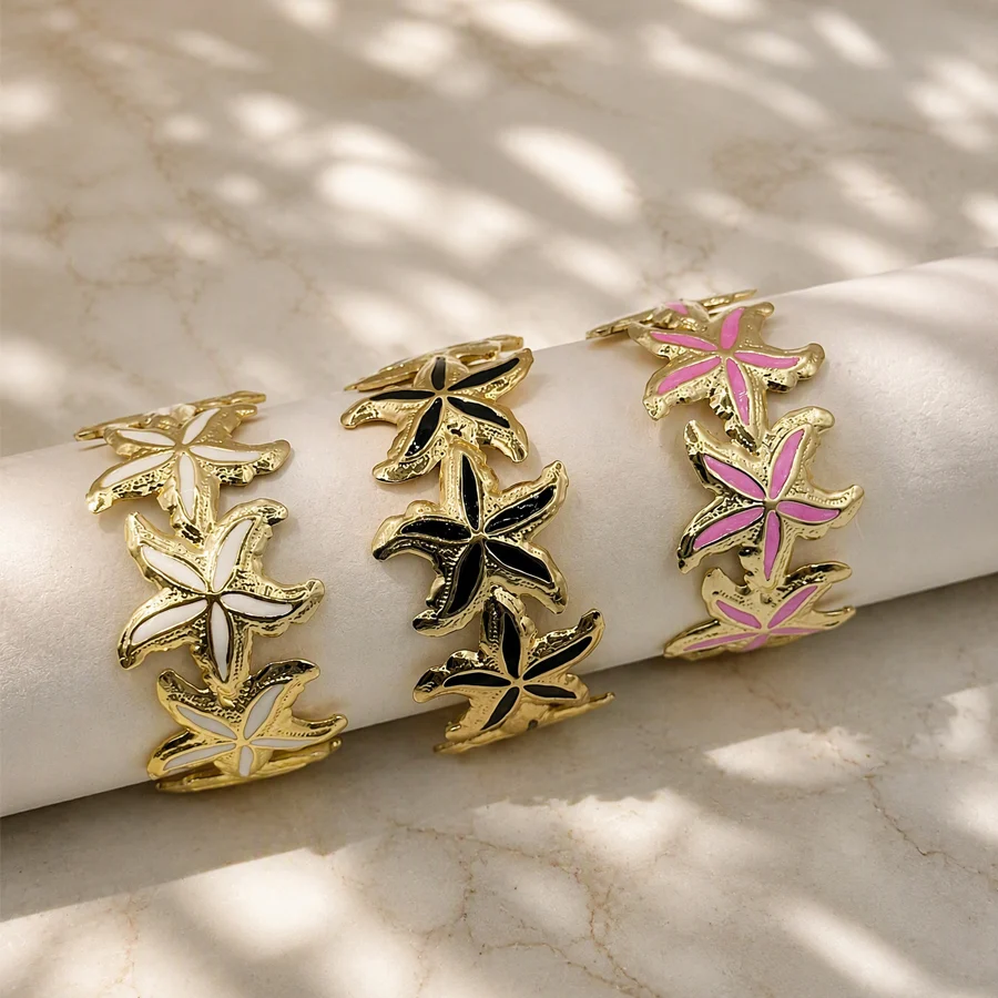Stainless Steel Gold Tone Wide Open Cuff Bangle For Women Ocean Beach Starfish Enamel… — image 6