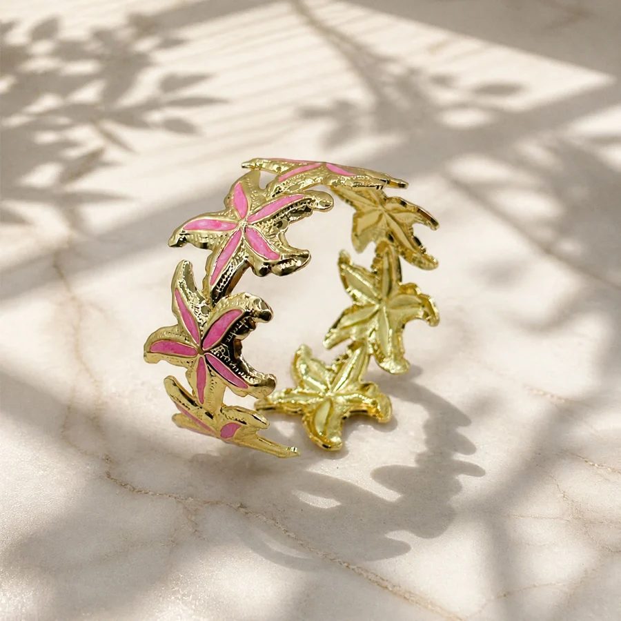 Stainless Steel Gold Tone Wide Open Cuff Bangle For Women Ocean Beach Starfish Enamel… — image 4