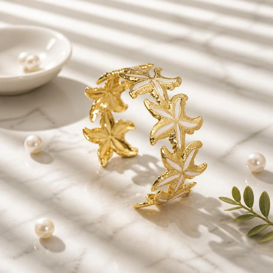 Stainless Steel Gold Tone Wide Open Cuff Bangle For Women Ocean Beach Starfish Enamel… — image 2