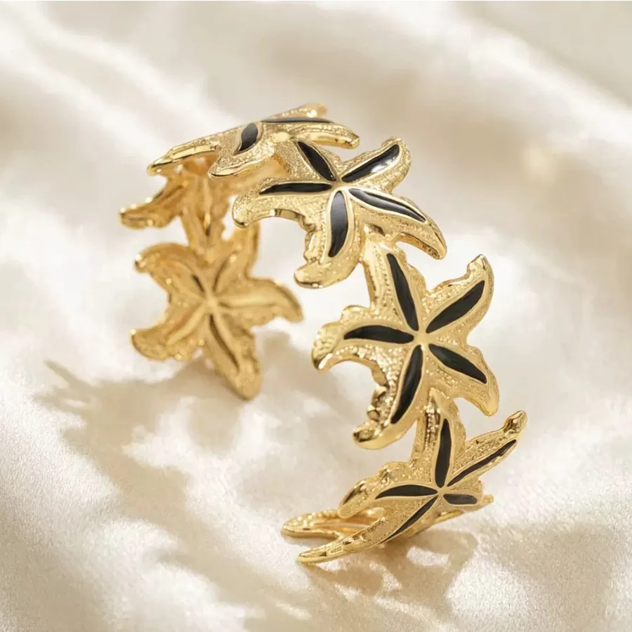 Stainless Steel Gold Tone Wide Open Cuff Bangle For Women Ocean Beach Starfish Enamel… — image 3