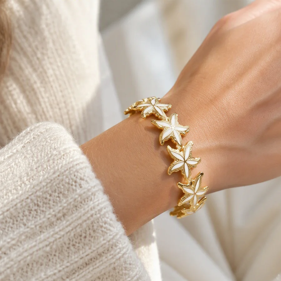 Stainless Steel Gold Tone Wide Open Cuff Bangle For Women Ocean Beach Starfish Enamel… — image 5