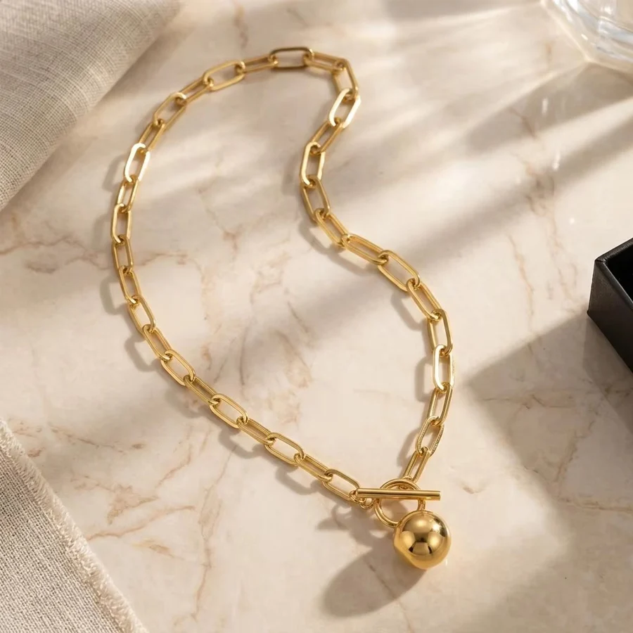Stainless Steel Paperclip Chain Sphere Ball Pendant Necklace For Women Gold Silver… — image 6