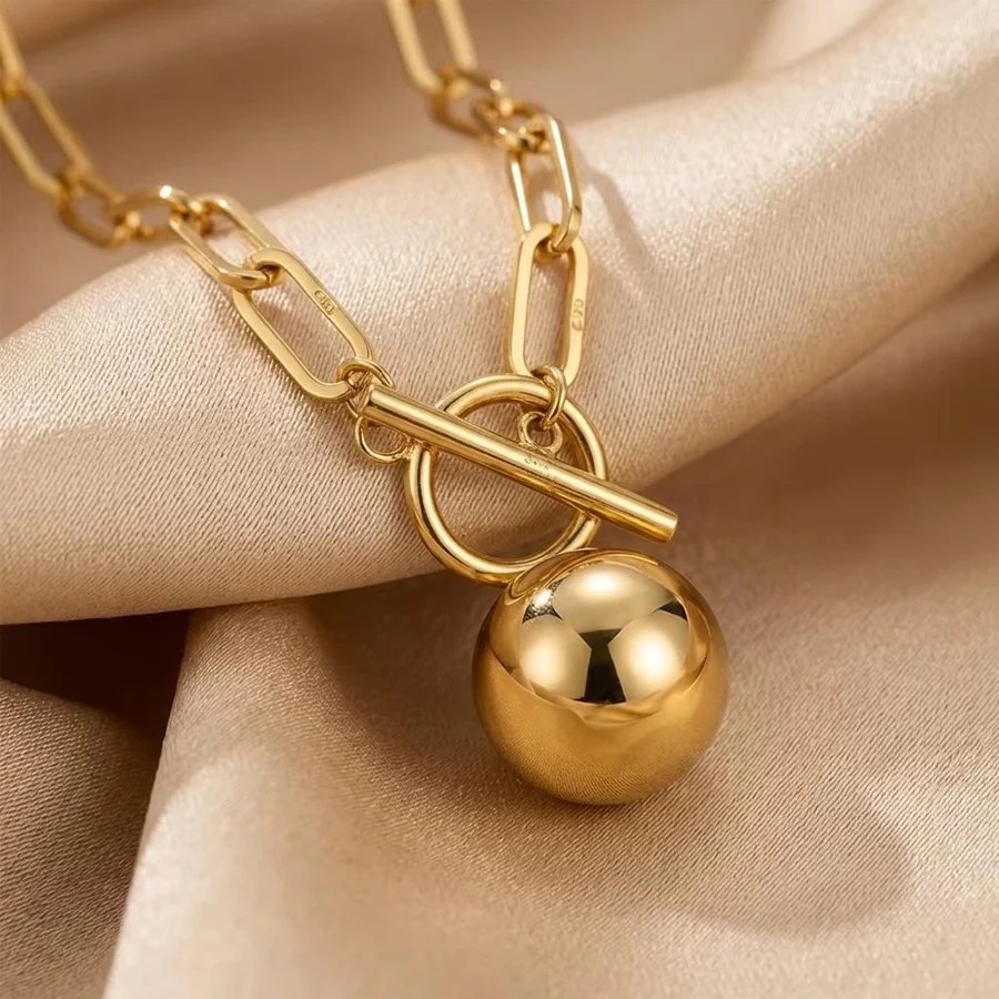 Stainless Steel Paperclip Chain Sphere Ball Pendant Necklace For Women Gold Silver… — image 5