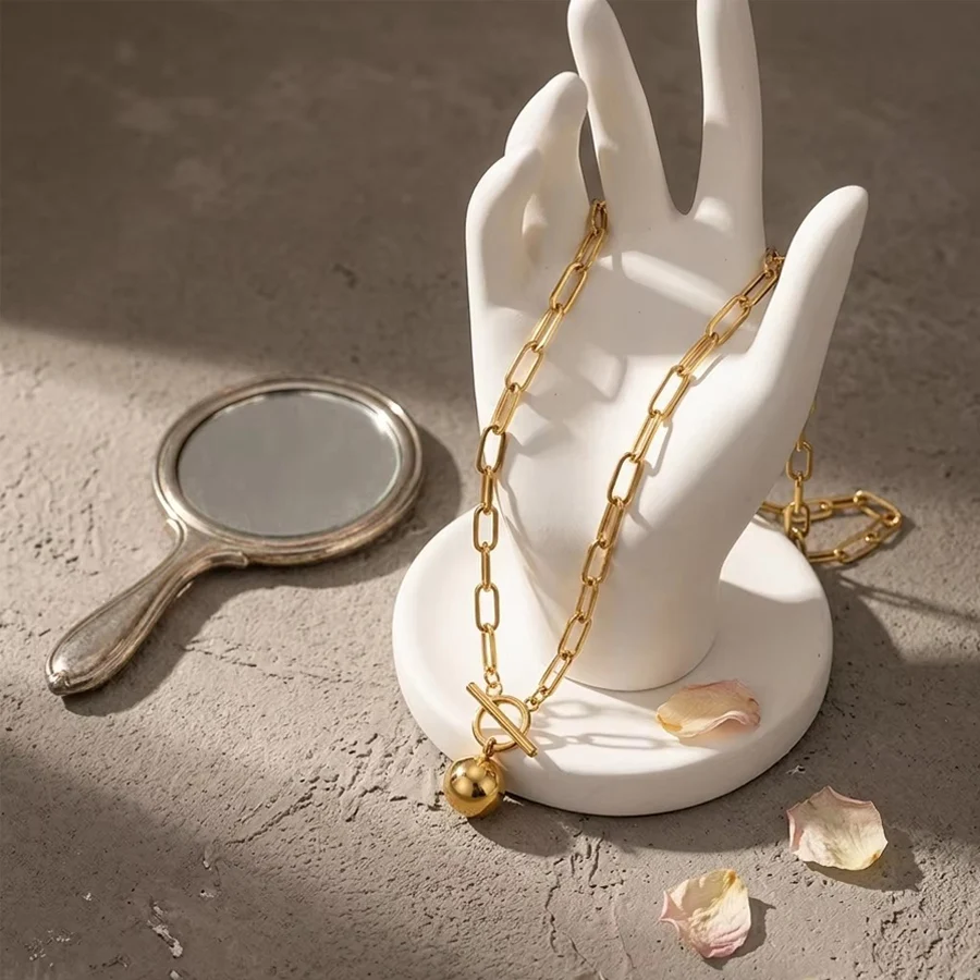 Stainless Steel Paperclip Chain Sphere Ball Pendant Necklace For Women Gold Silver… — image 3