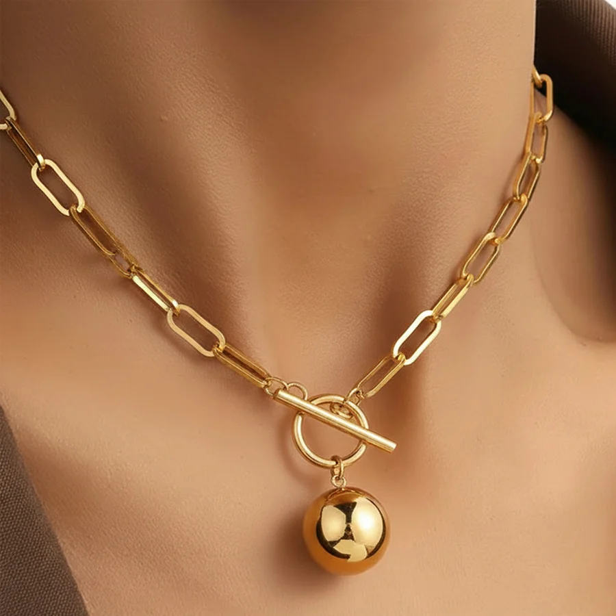 Stainless Steel Paperclip Chain Sphere Ball Pendant Necklace For Women Gold Silver… — image 7