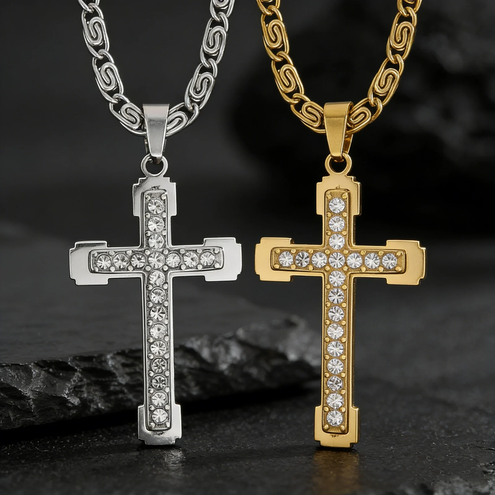 Stainless Steel Pendant Cross Double-layer Diamond-inlaid Necklace Clavicle Chain — image 2