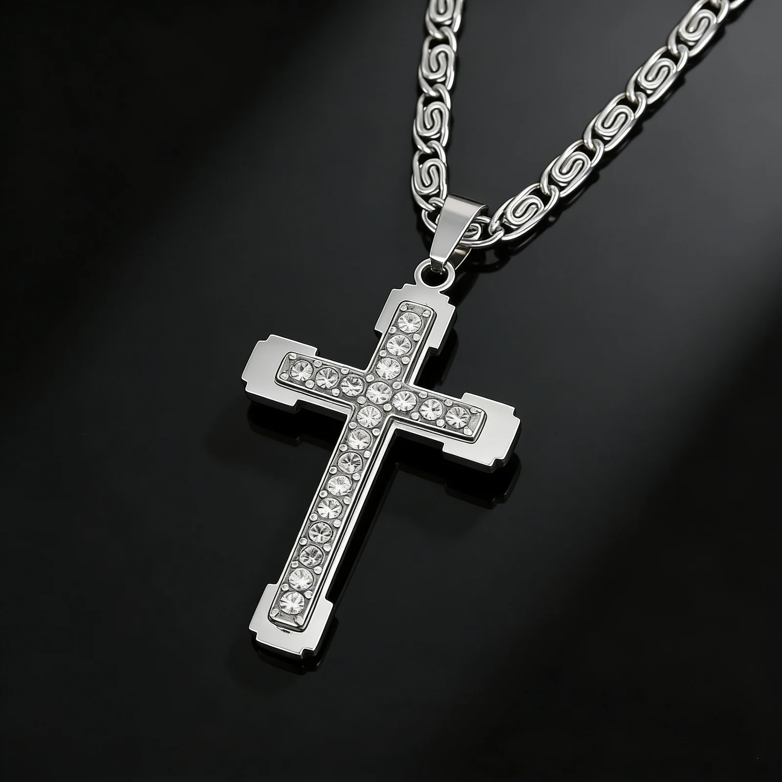 Stainless Steel Pendant Cross Double-layer Diamond-inlaid Necklace Clavicle Chain — image 6