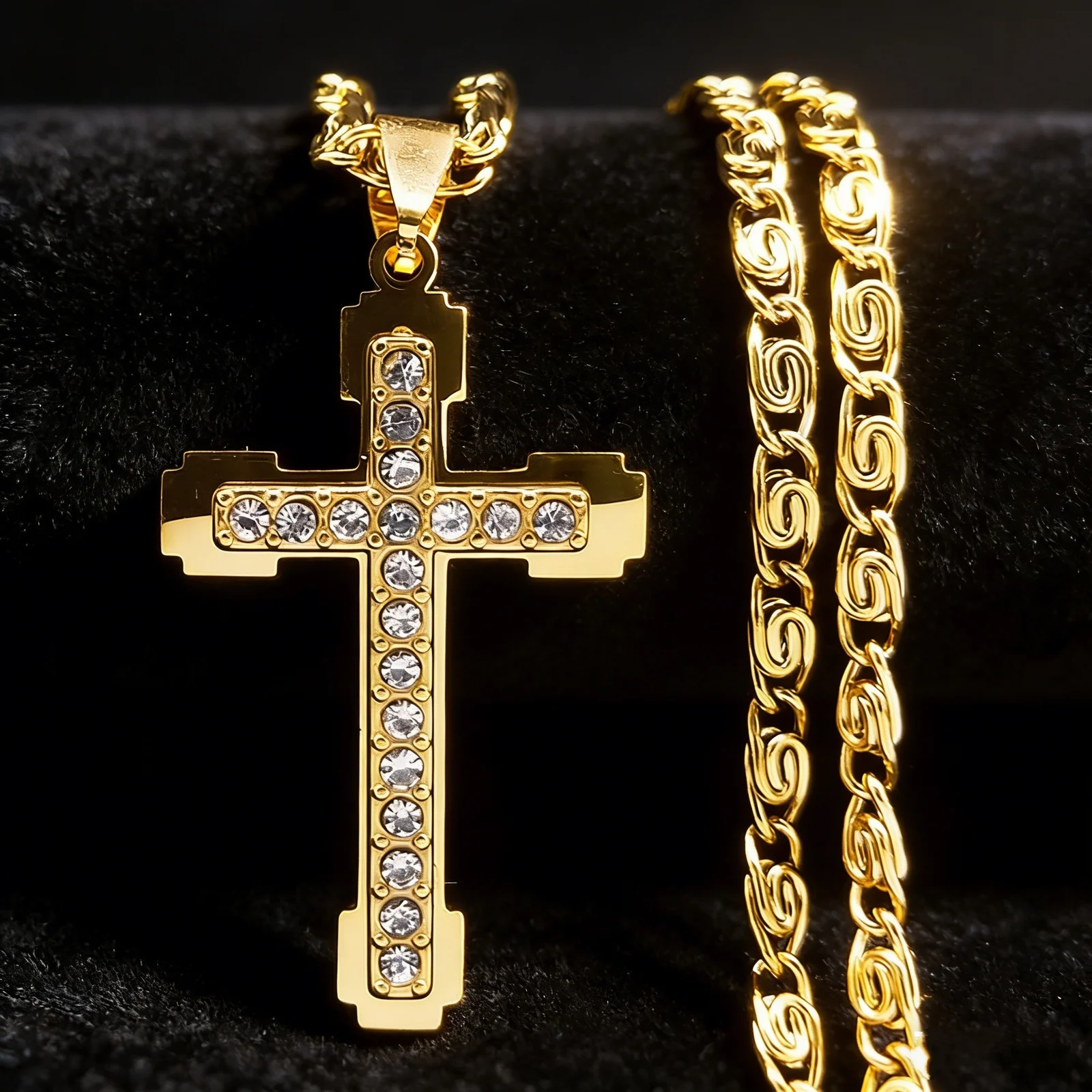 Stainless Steel Pendant Cross Double-layer Diamond-inlaid Necklace Clavicle Chain — image 3