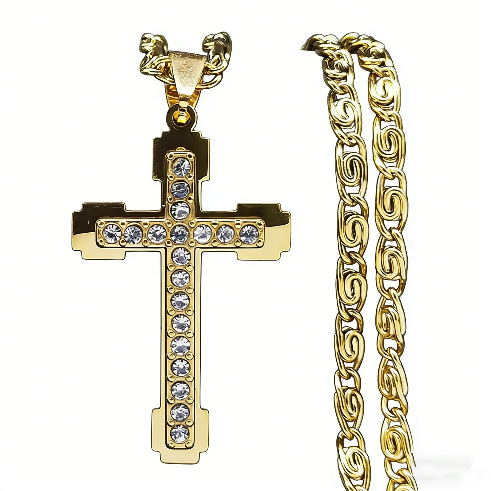 Stainless Steel Pendant Cross Double-layer Diamond-inlaid Necklace Clavicle Chain — image 4