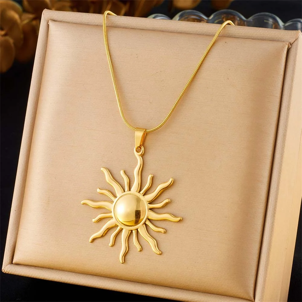 Stainless Steel Sun Pendant Necklace For Women Gold Tone Snake Chain Bohemian Vintage… — image 3