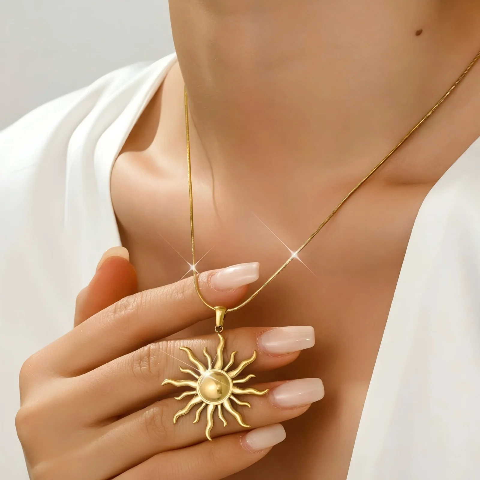 Stainless Steel Sun Pendant Necklace For Women Gold Tone Snake Chain Bohemian Vintage… — image 6