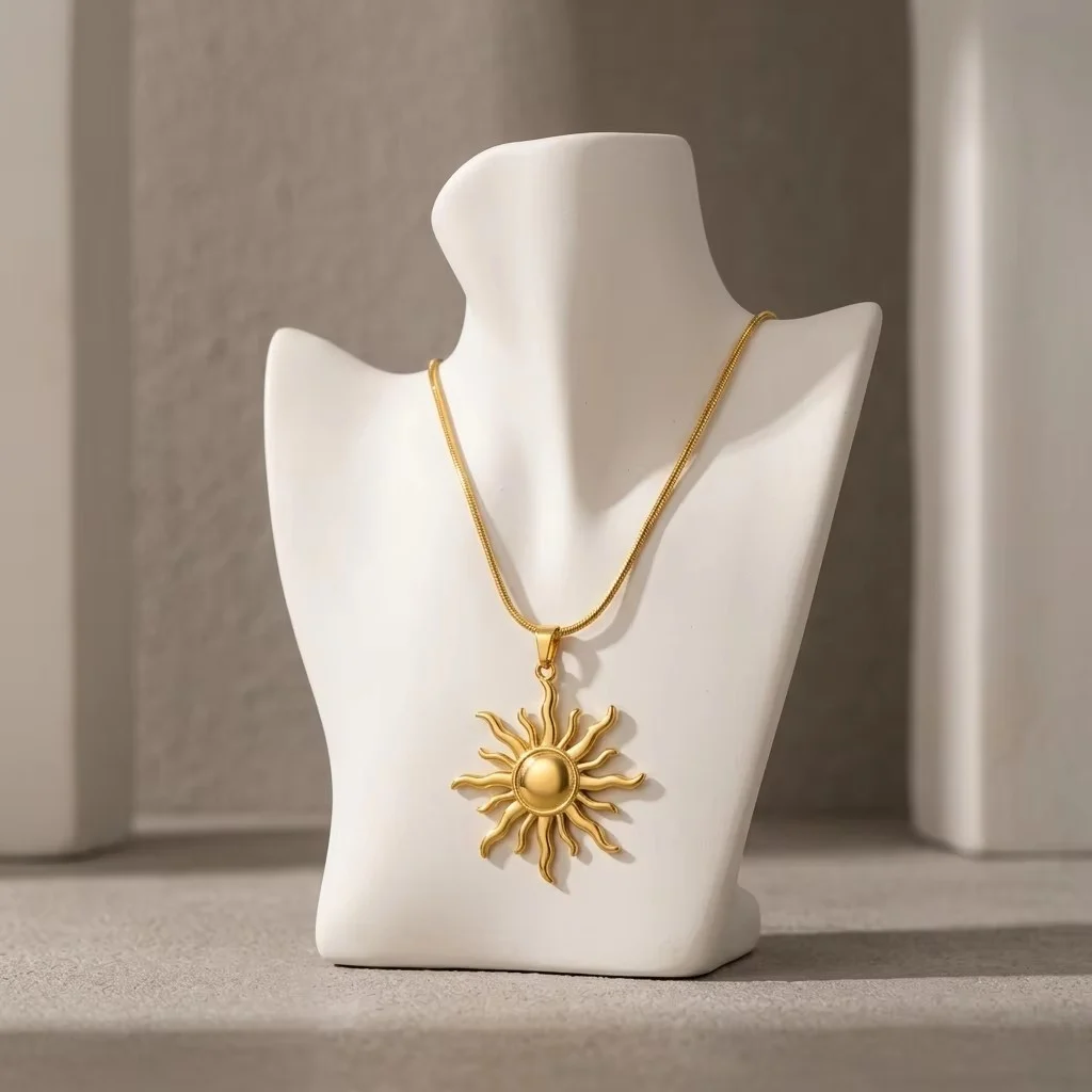 Stainless Steel Sun Pendant Necklace For Women Gold Tone Snake Chain Bohemian Vintage… — image 7