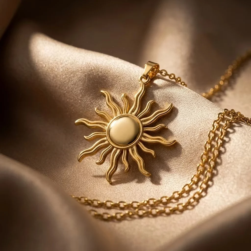 Stainless Steel Sun Pendant Necklace For Women Gold Tone Snake Chain Bohemian Vintage… — image 5