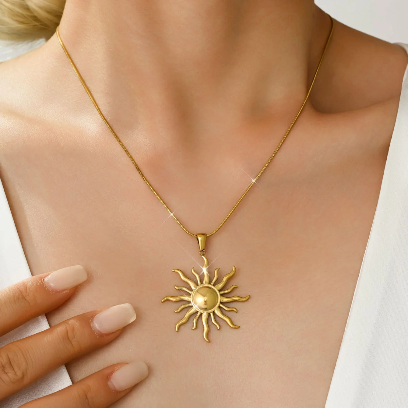 Stainless Steel Sun Pendant Necklace For Women Gold Tone Snake Chain Bohemian Vintage… — image 4