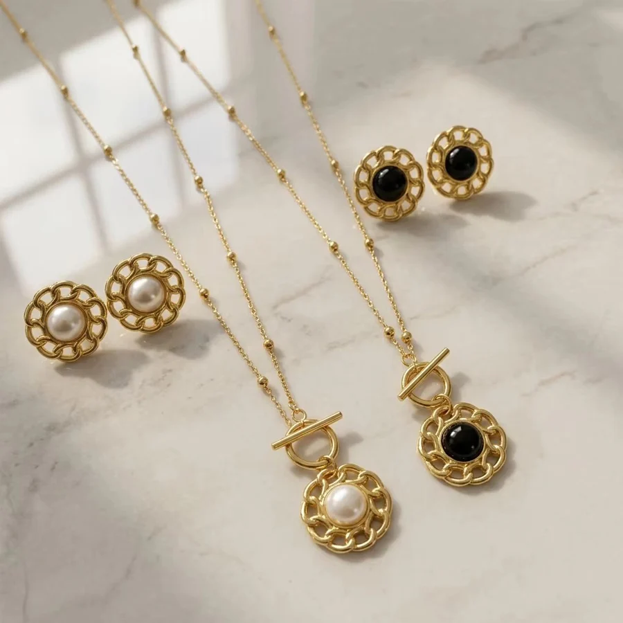 Stainless Steel Vintage Hollow Flower Frame Jewelry Set For Women Gold Tone Beaded… — image 5