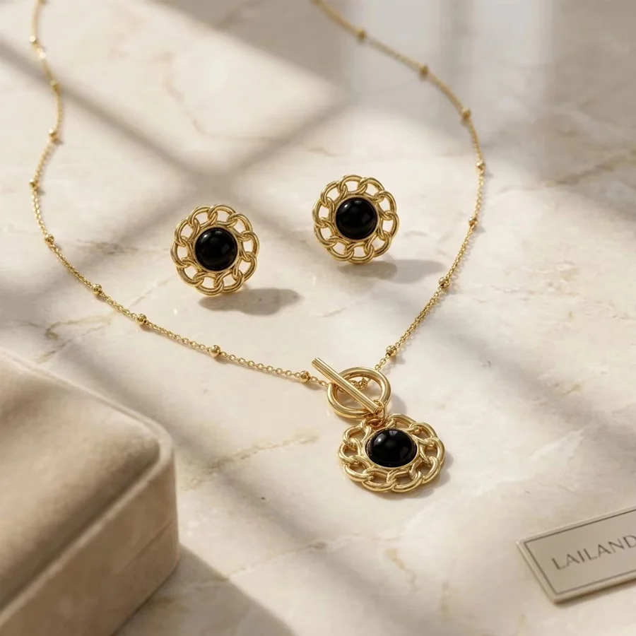 Stainless Steel Vintage Hollow Flower Frame Jewelry Set For Women Gold Tone Beaded… — image 6