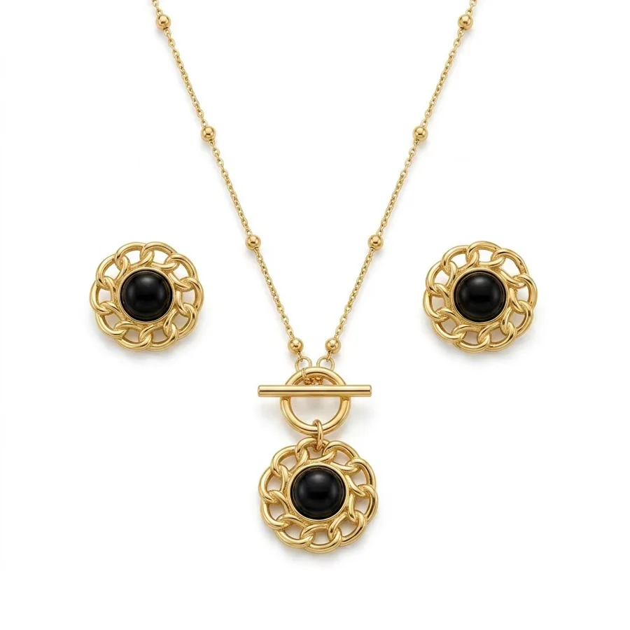 Stainless Steel Vintage Hollow Flower Frame Jewelry Set For Women Gold Tone Beaded… — image 8