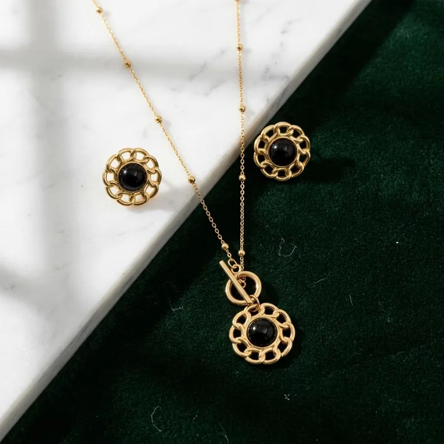 Stainless Steel Vintage Hollow Flower Frame Jewelry Set For Women Gold Tone Beaded… — image 4