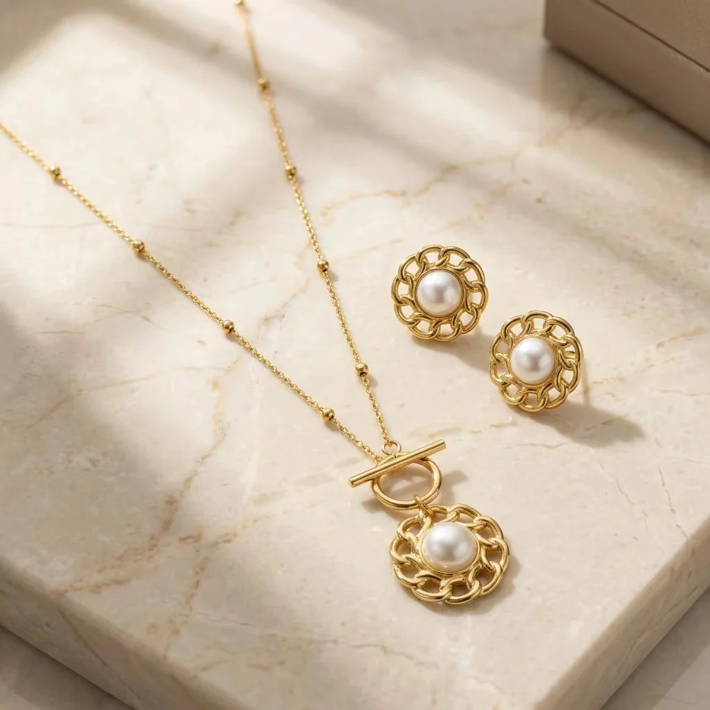 Stainless Steel Vintage Hollow Flower Frame Jewelry Set For Women Gold Tone Beaded… — image 3