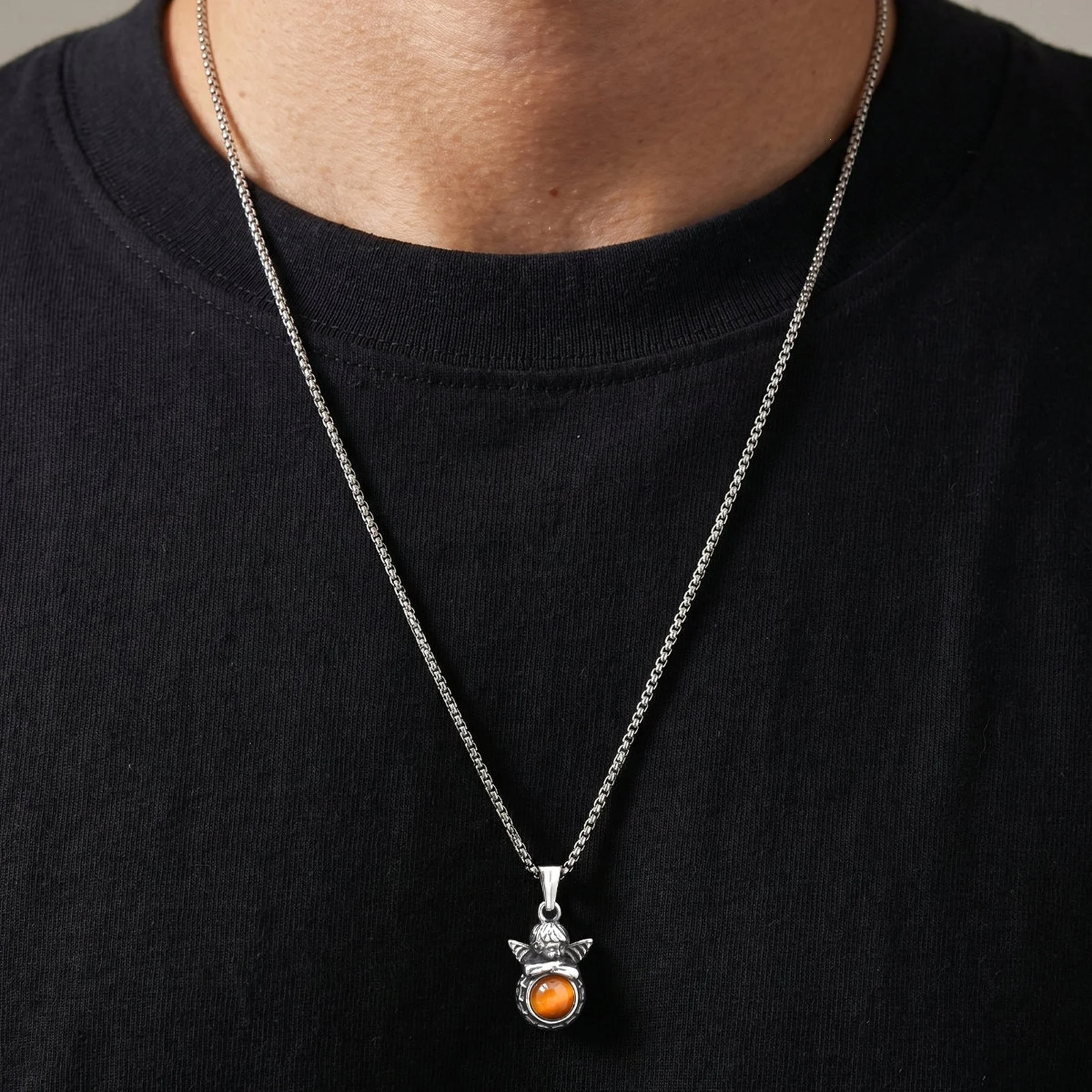 Stainless Steel Vintage Necklace For Women Featuring Angel And Tigers Eye Stone — image 3