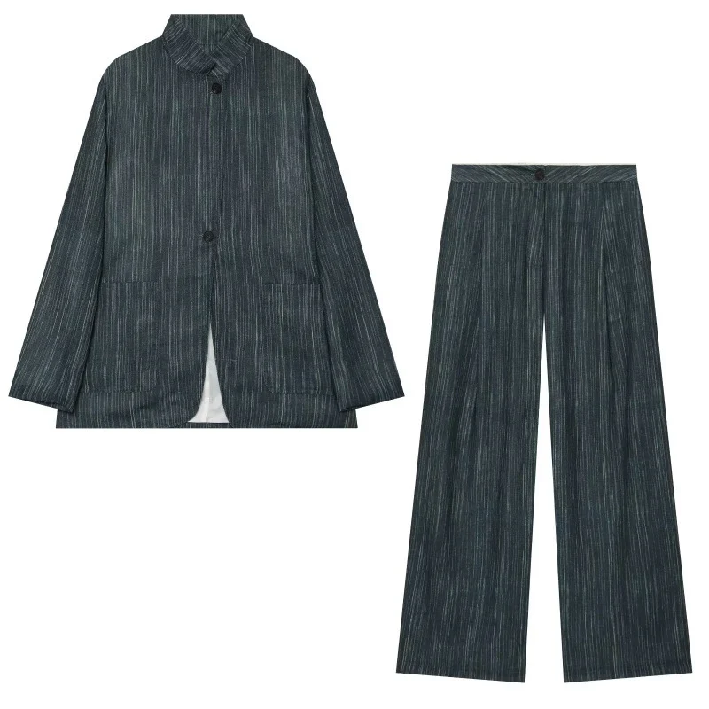 Stand-collar Linen Striped Blazer With Trousers — image 2
