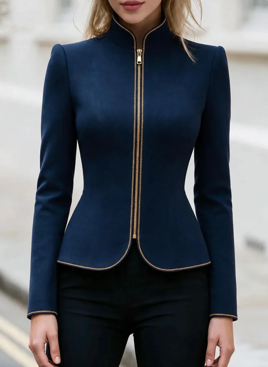 Stand Collar Zip-up Short Jacket, -style Elegant Slim-fit Small Women's Jacket With… — image 4