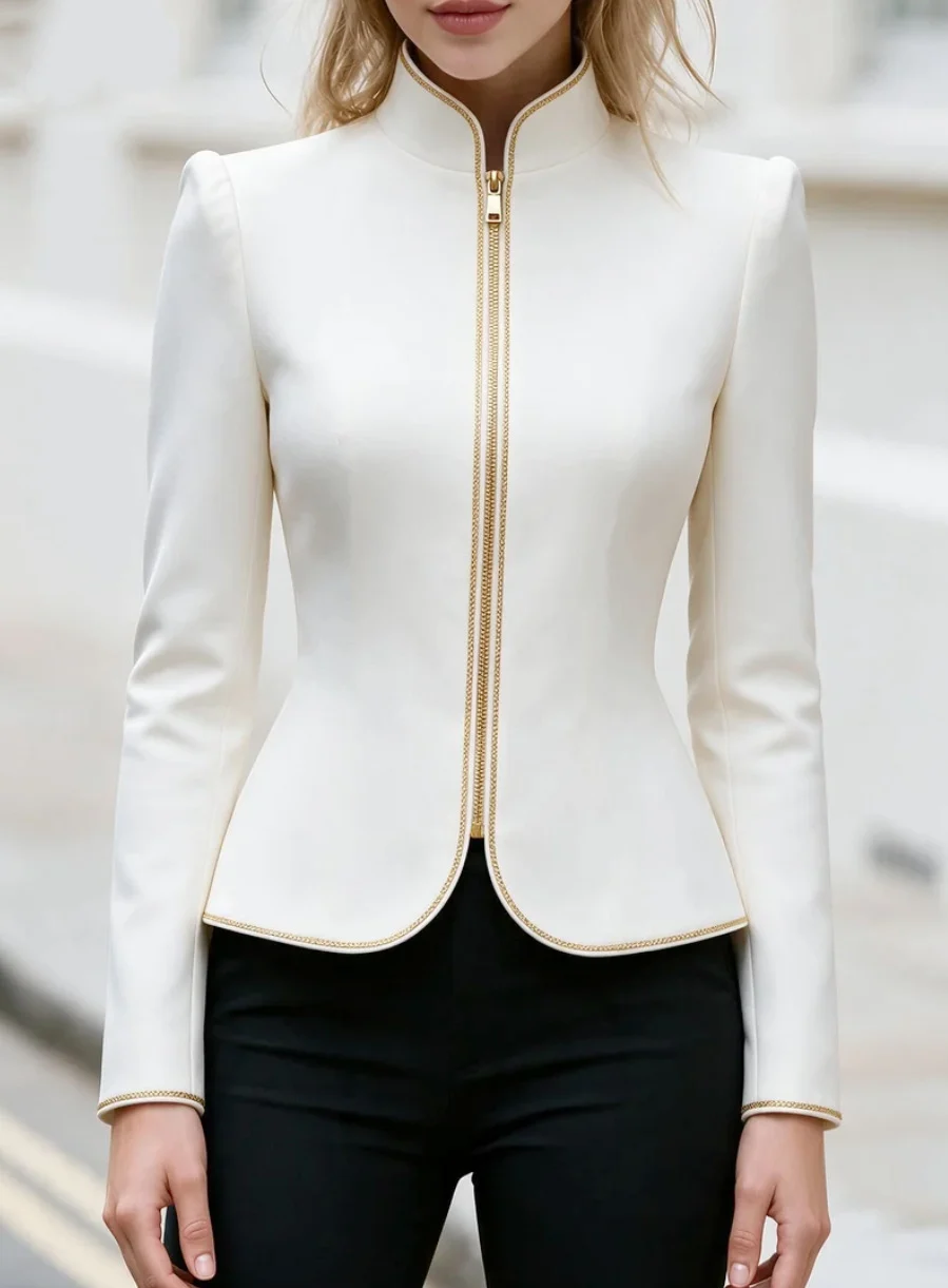 Stand Collar Zip-up Short Jacket, -style Elegant Slim-fit Small Women's Jacket With… — image 3