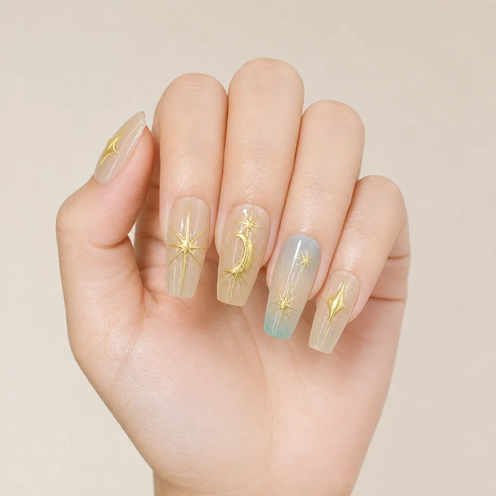 Star Moon Glossy Coffin Press-on Nails — image 4