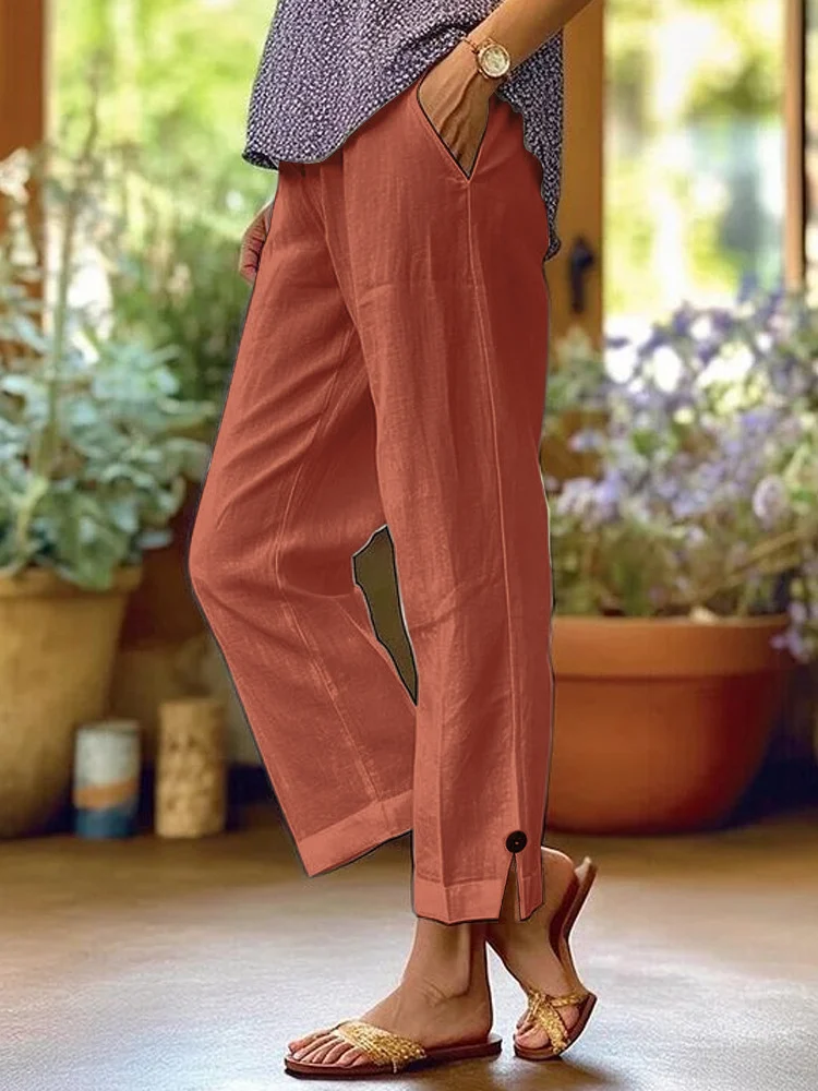 Station Women's Cotton And Linen Loose Solid Color Elastic Waist Pocket Straight… — image 3