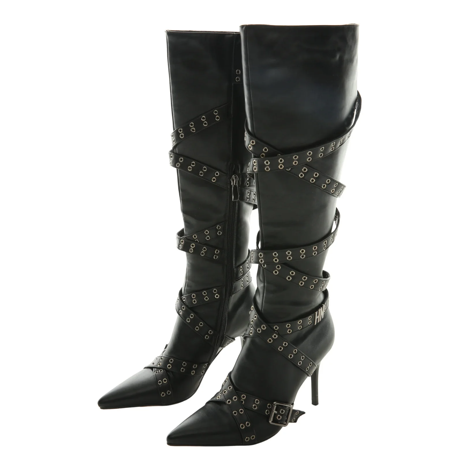 Strap-detail Pointed-toe Studded High-heeled Over-the-knee Boots For Women — image 5