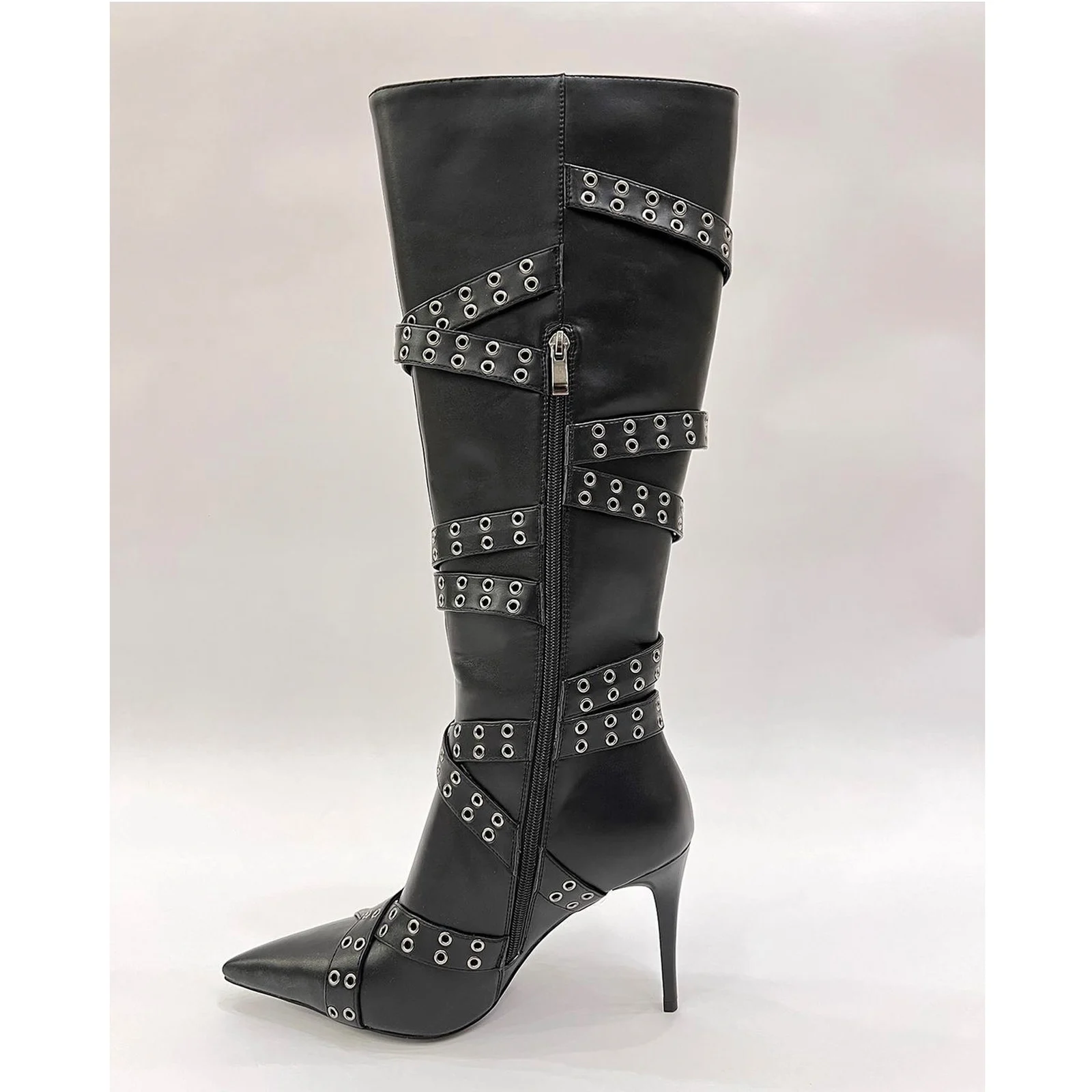 Strap-detail Pointed-toe Studded High-heeled Over-the-knee Boots For Women — image 4