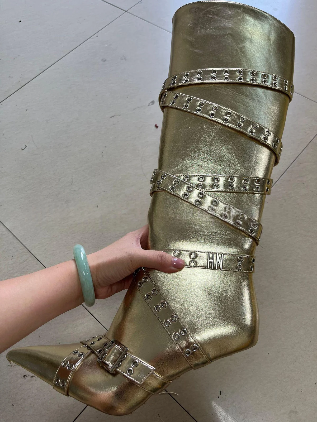 Strap-detail Pointed-toe Studded High-heeled Over-the-knee Boots For Women — image 2