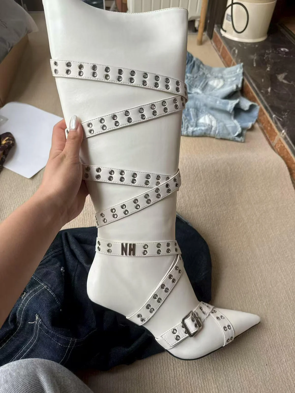 Strap-detail Pointed-toe Studded High-heeled Over-the-knee Boots For Women — image 3