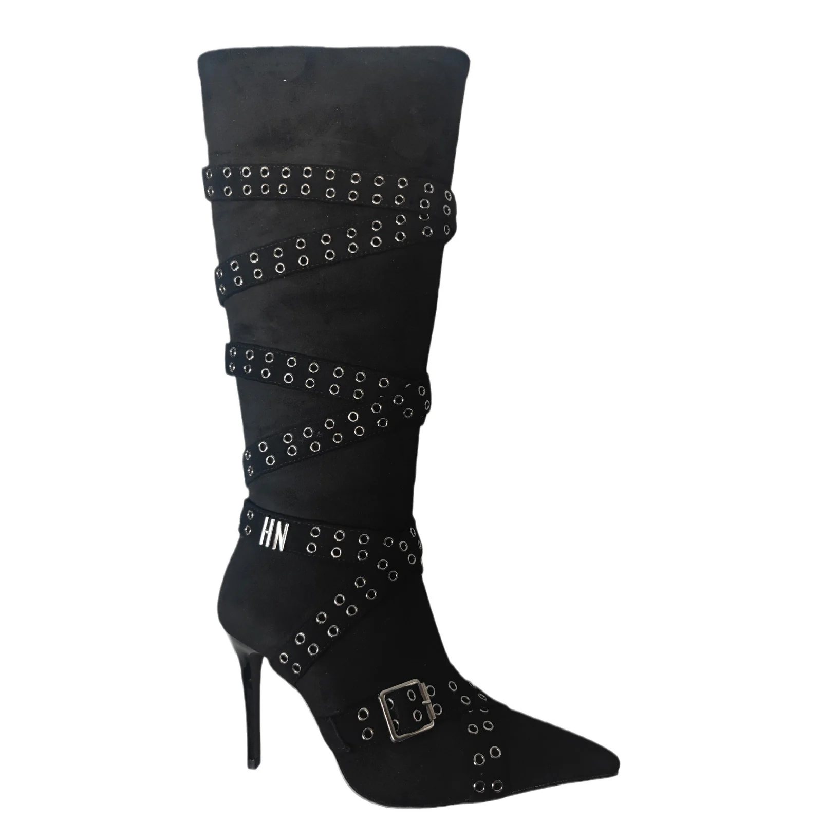 Strap-detail Pointed-toe Studded High-heeled Over-the-knee Boots For Women — image 9