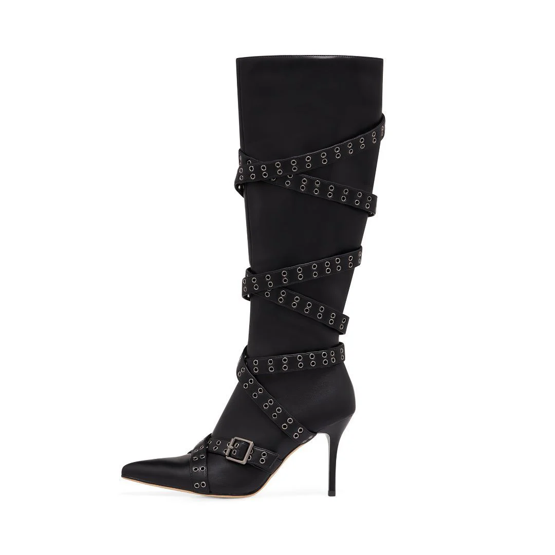 Strap-detail Pointed-toe Studded High-heeled Over-the-knee Boots For Women — image 8