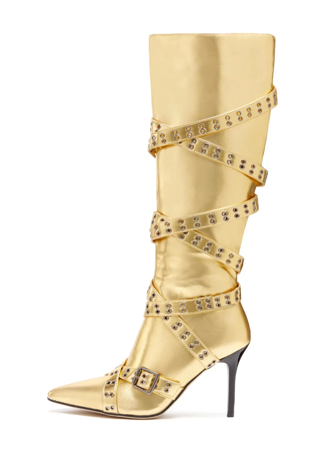 Strap-detail Pointed-toe Studded High-heeled Over-the-knee Boots For Women — image 6