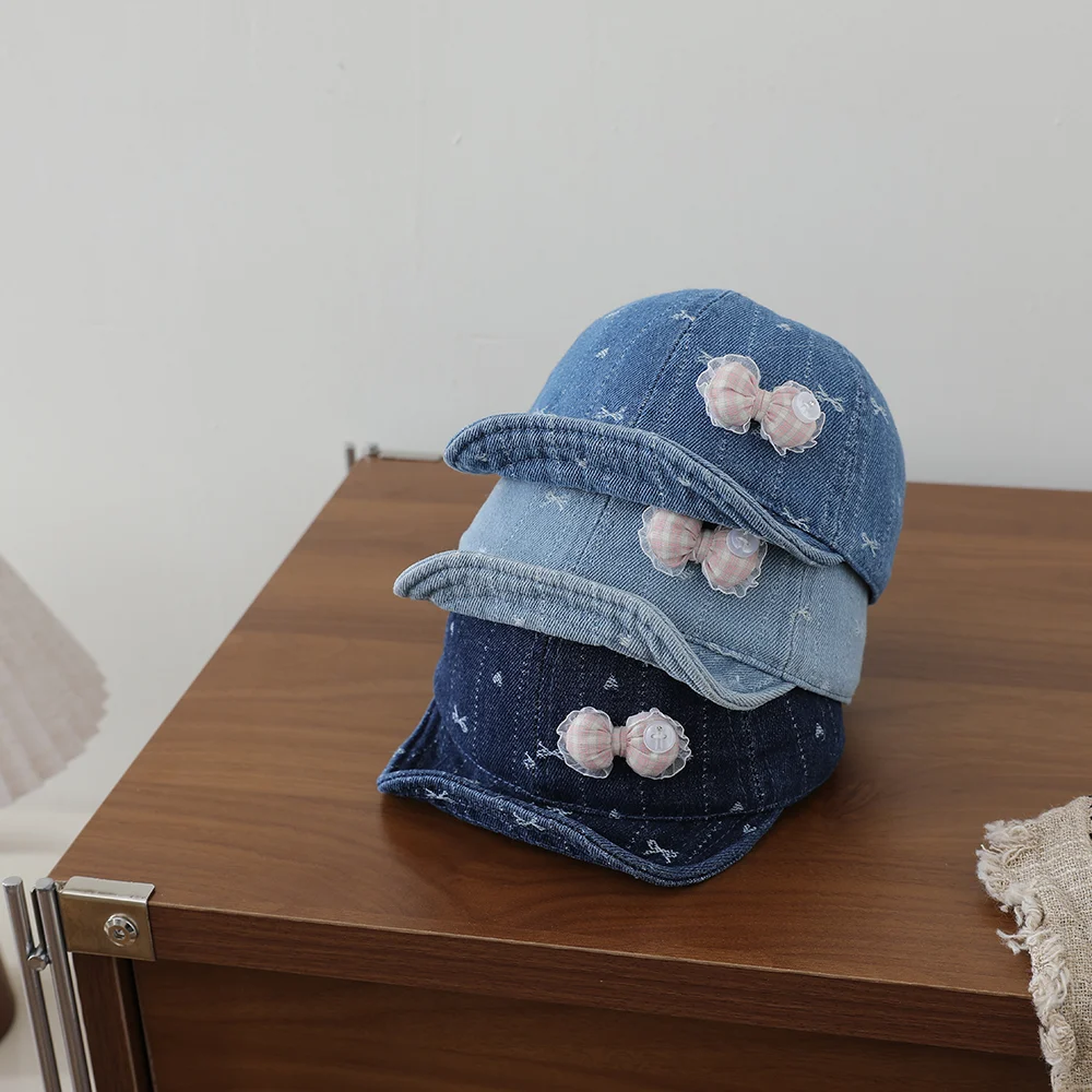 Striped Lace Bow Girl's Denim Baseball Cap, Baby-sized, Washed, Jacquard, Frayed,… — image 6