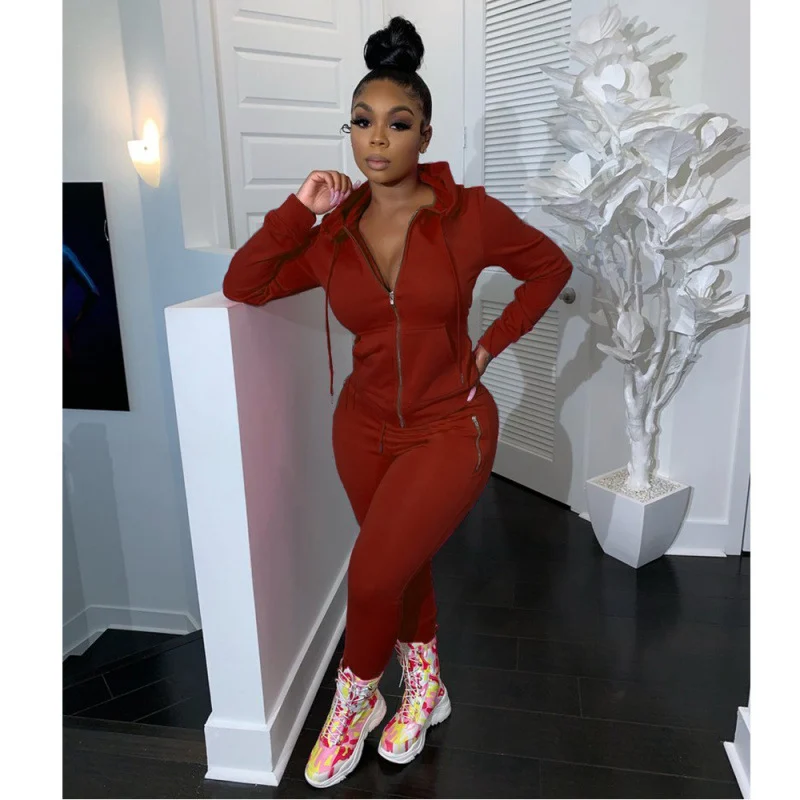 -style Fashionable Sporty Casual Solid-color Two Piece Set With Zippers And Pockets — image 3