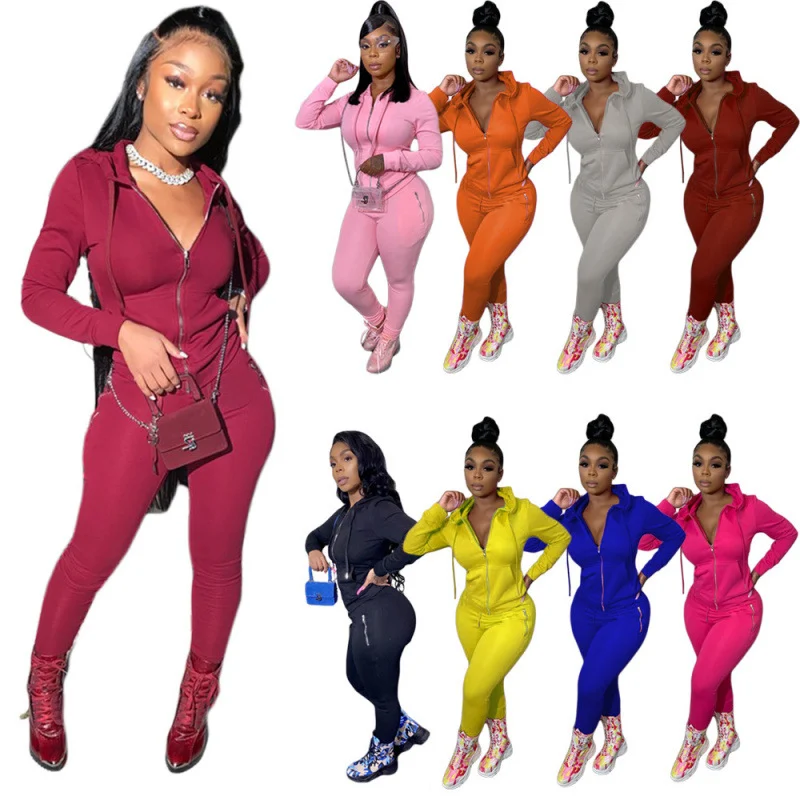 -style Fashionable Sporty Casual Solid-color Two Piece Set With Zippers And Pockets — image 4