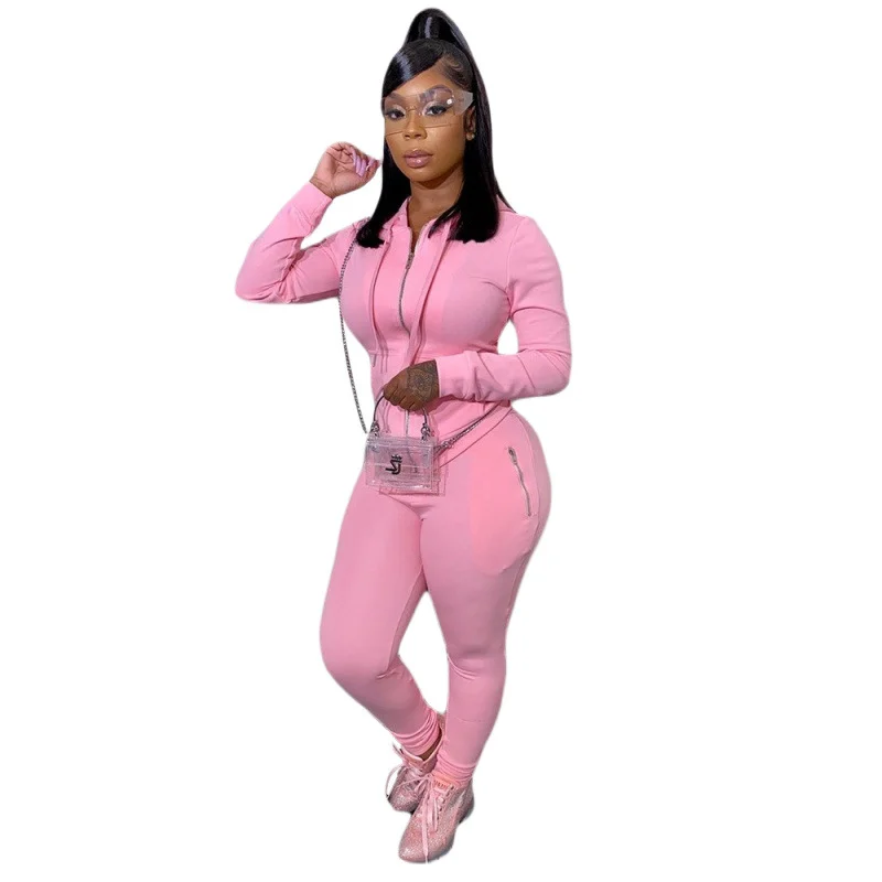 -style Fashionable Sporty Casual Solid-color Two Piece Set With Zippers And Pockets — image 6
