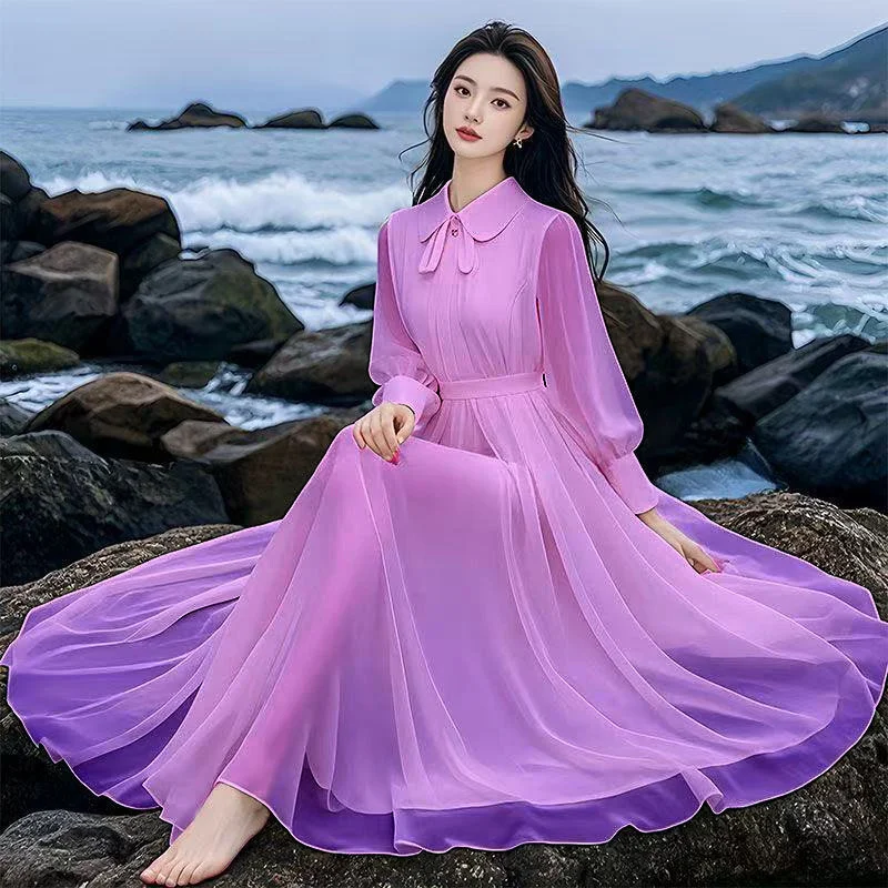 Stylish French-style Doll-collar White Chiffon Dress — image 6