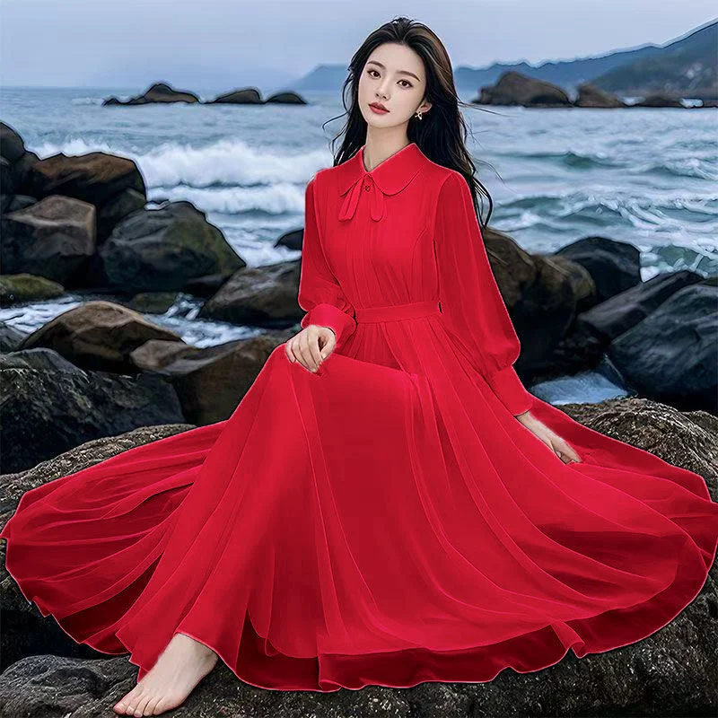 Stylish French-style Doll-collar White Chiffon Dress — image 1