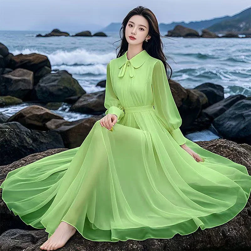 Stylish French-style Doll-collar White Chiffon Dress — image 8