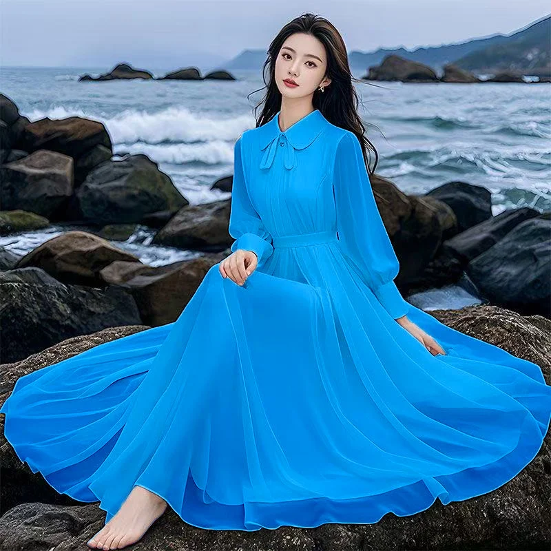 Stylish French-style Doll-collar White Chiffon Dress — image 2