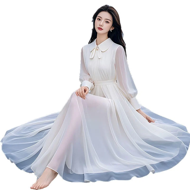 Stylish French-style Doll-collar White Chiffon Dress — image 3