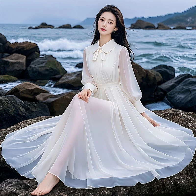 Stylish French-style Doll-collar White Chiffon Dress — image 7